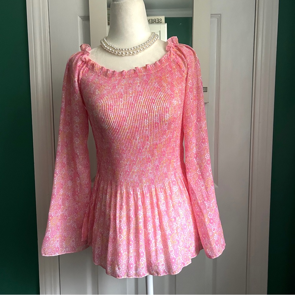 Pink Smocked Top, tiny floral NWT Small